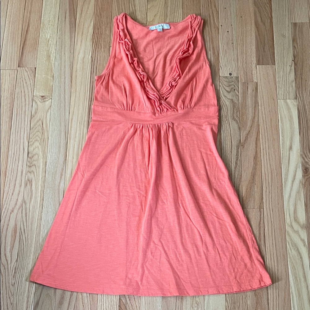 Loft Mini Dress Womens Small Coral Pink Ruffle V Neck Sleeveless A Line Beach
